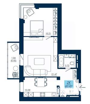 2-к квартира, вторичка, 61м2, 12/19 этаж