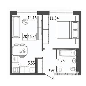 2-к квартира, строящийся дом, 37м2, 9/17 этаж