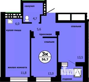 3-к квартира, сданный дом, 56м2, 18/19 этаж