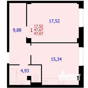 1-к квартира, вторичка, 48м2, 1/9 этаж