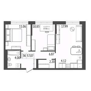 3-к квартира, вторичка, 57м2, 6/17 этаж
