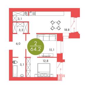 2-к квартира, строящийся дом, 64м2, 7/17 этаж