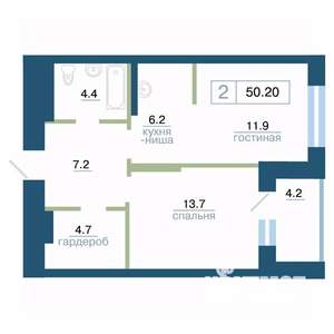 2-к квартира, строящийся дом, 50м2, 21/24 этаж