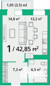 1-к квартира, строящийся дом, 43м2, 6/9 этаж