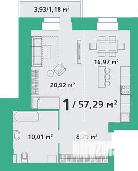 1-к квартира, вторичка, 57м2, 3/9 этаж