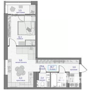 2-к квартира, вторичка, 47м2, 24/24 этаж
