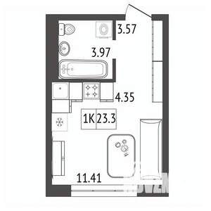 1-к квартира, строящийся дом, 23м2, 14/17 этаж