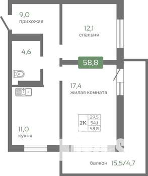 2-к квартира, вторичка, 59м2, 16/16 этаж