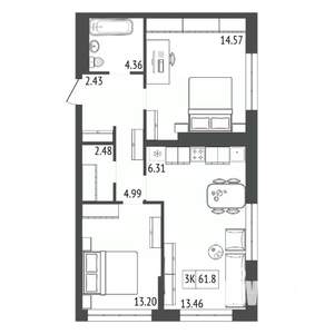 3-к квартира, строящийся дом, 62м2, 16/17 этаж