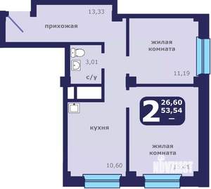 2-к квартира, вторичка, 54м2, 1/25 этаж