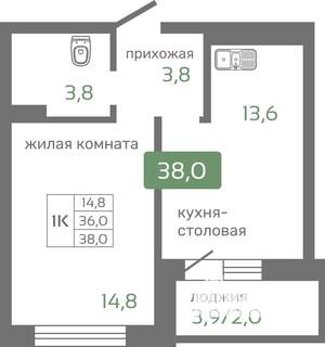 1-к квартира, строящийся дом, 38м2, 2/19 этаж