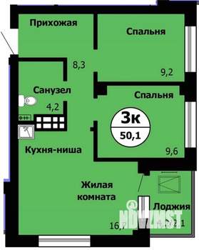 3-к квартира, строящийся дом, 50м2, 10/24 этаж