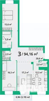 3-к квартира, строящийся дом, 94м2, 5/9 этаж