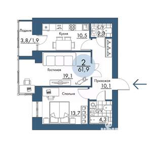 2-к квартира, строящийся дом, 62м2, 6/17 этаж