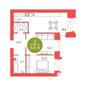 2-к квартира, строящийся дом, 63м2, 4/17 этаж