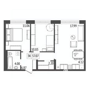 3-к квартира, вторичка, 57м2, 9/17 этаж