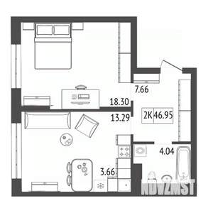 2-к квартира, вторичка, 47м2, 9/17 этаж