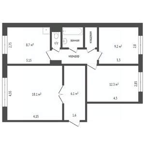 3-к квартира, вторичка, 69м2, 6/9 этаж