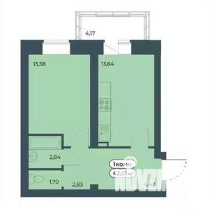 1-к квартира, строящийся дом, 43м2, 1/9 этаж