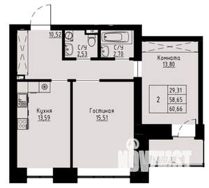 2-к квартира, строящийся дом, 61м2, 8/8 этаж