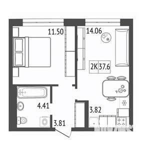 2-к квартира, строящийся дом, 38м2, 15/17 этаж