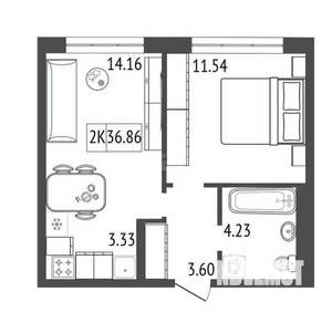 2-к квартира, строящийся дом, 37м2, 4/17 этаж