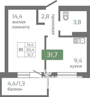 1-к квартира, строящийся дом, 32м2, 4/19 этаж