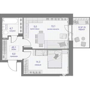 2-к квартира, вторичка, 45м2, 1/24 этаж