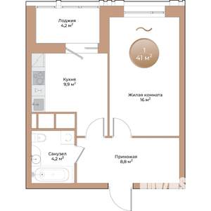 1-к квартира, строящийся дом, 41м2, 8/24 этаж