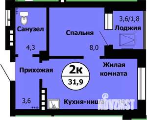 2-к квартира, строящийся дом, 32м2, 14/24 этаж