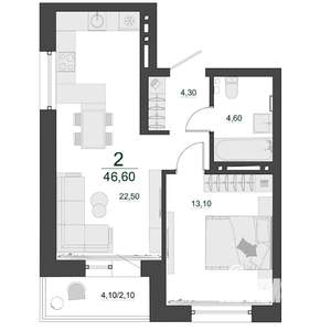 2-к квартира, строящийся дом, 47м2, 16/23 этаж
