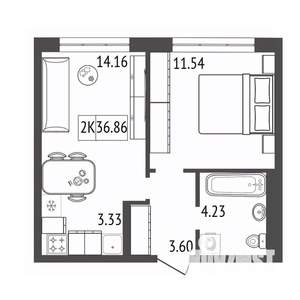 2-к квартира, строящийся дом, 37м2, 11/17 этаж