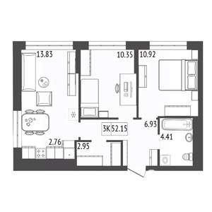 3-к квартира, вторичка, 52м2, 10/17 этаж