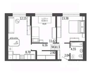 3-к квартира, вторичка, 61м2, 7/17 этаж