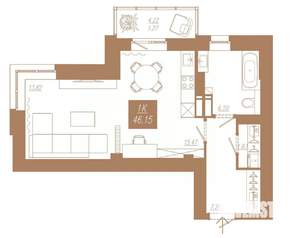 1-к квартира, строящийся дом, 46м2, 16/23 этаж