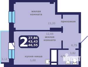 2-к квартира, строящийся дом, 47м2, 20/25 этаж