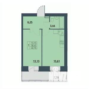 1-к квартира, строящийся дом, 40м2, 8/9 этаж