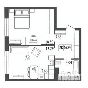 2-к квартира, строящийся дом, 47м2, 13/17 этаж