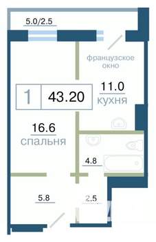 1-к квартира, вторичка, 43м2, 8/17 этаж