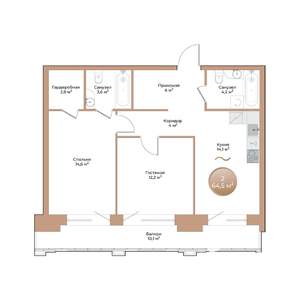 2-к квартира, строящийся дом, 65м2, 19/24 этаж