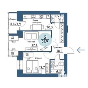 2-к квартира, строящийся дом, 62м2, 6/17 этаж