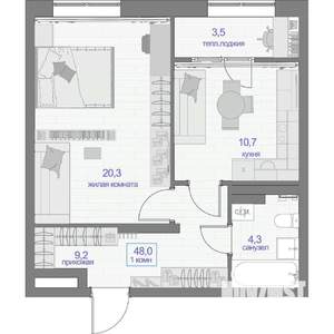 1-к квартира, вторичка, 48м2, 4/16 этаж
