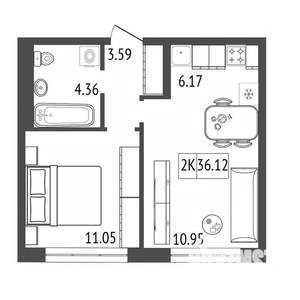 2-к квартира, строящийся дом, 36м2, 5/17 этаж