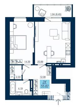 2-к квартира, строящийся дом, 56м2, 4/19 этаж