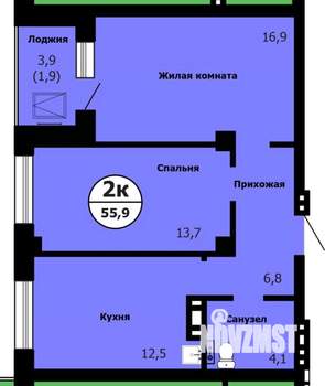 2-к квартира, строящийся дом, 57м2, 19/26 этаж