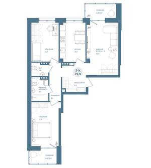 3-к квартира, строящийся дом, 80м2, 15/19 этаж