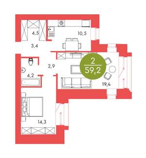 2-к квартира, строящийся дом, 59м2, 2/17 этаж