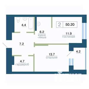 2-к квартира, строящийся дом, 50м2, 15/24 этаж