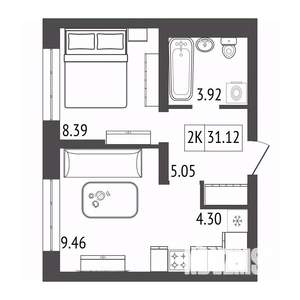 2-к квартира, строящийся дом, 31м2, 11/17 этаж