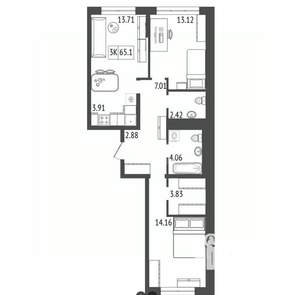 3-к квартира, строящийся дом, 65м2, 14/17 этаж